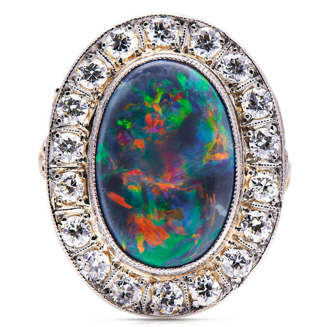 Black-Opal-Platinum-Gold-Diamonds-Cluster-Oval-Art-Deco-1920s-Extravagant-Jewellery-Vintage