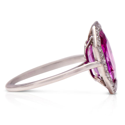 Art Deco, Platinum, 4ct Burmese Pink Sapphire and Diamond Ring