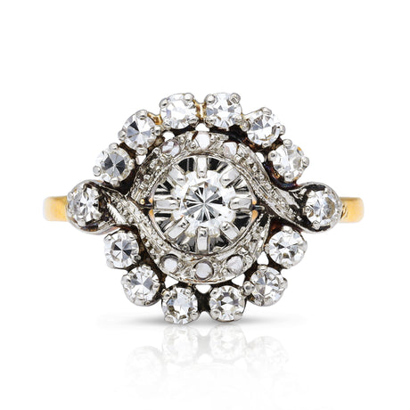 Antique French diamond cluster engagement ring, front view.