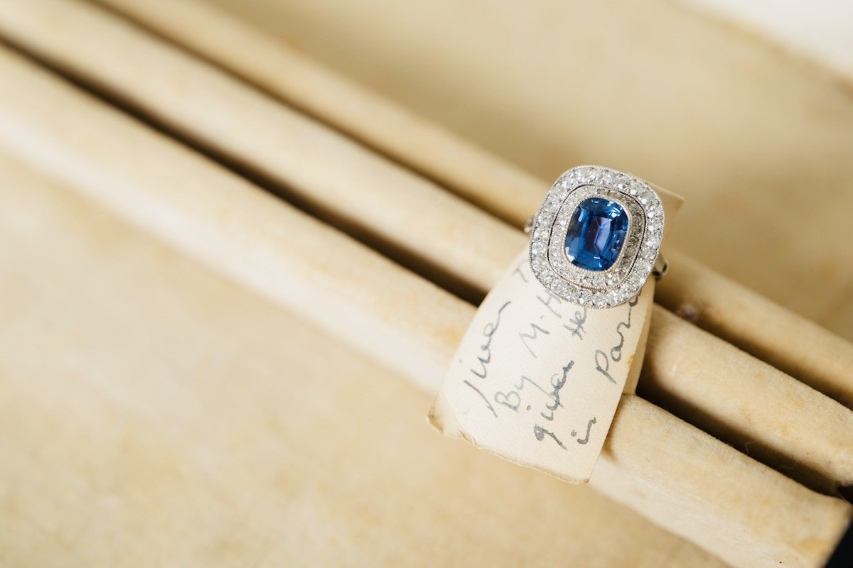 Edwardian, Platinum, Natural ‘Cornflower’ Ceylon Sapphire and Double Row Diamond Cluster Ring