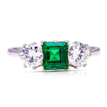 Art-Deco-Emerald-Platinum-Diamond-Engagement-Three-Stone