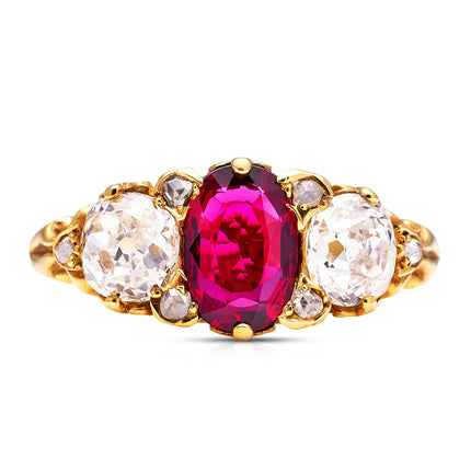 Victorian-Ruby-Diamond-18ct-Gold-Three-Stone-Enagement-Round-Cut-Antique-Ring