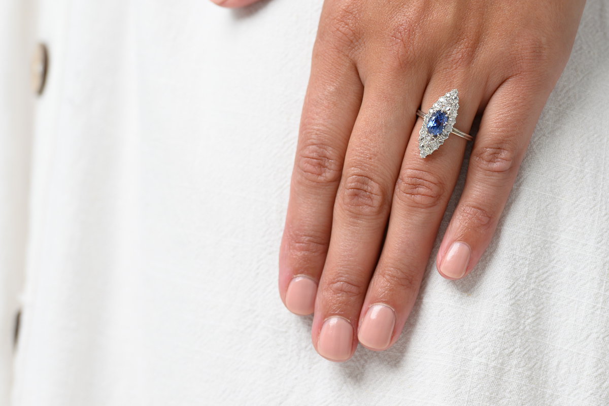 Antique, French, Art Deco, Sapphire and Diamond Marquise Cluster Ring  |Antique Ring Boutique | Sustainable Antique Rings | Rare Antique Rings | Bespoke Untreated Vintage Antique Rings