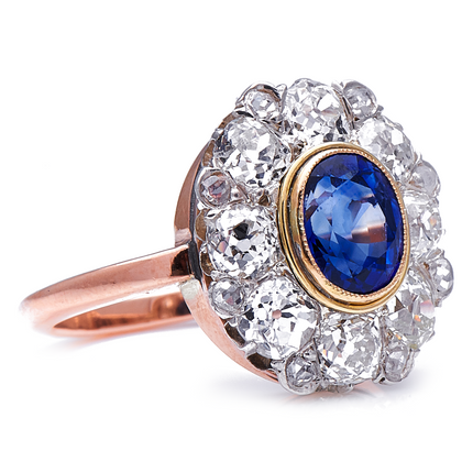 Antique, French, Edwardian, 18ct Gold, Sapphire and Diamond Cluster Ring