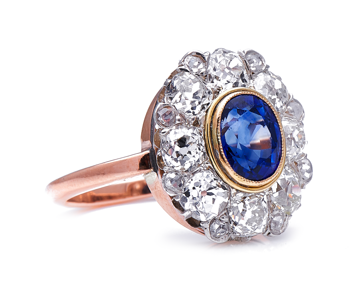 Antique, French, Edwardian, 18ct Gold, Sapphire and Diamond Cluster Ring