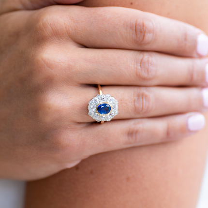 Antique, French, Edwardian, 18ct Gold, Sapphire and Diamond Cluster Ring