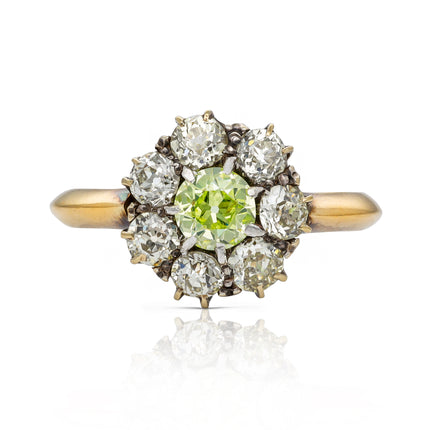 Antique Green-Yellow Diamond Cluster Engagement Ring, 18ct Yellow Gold