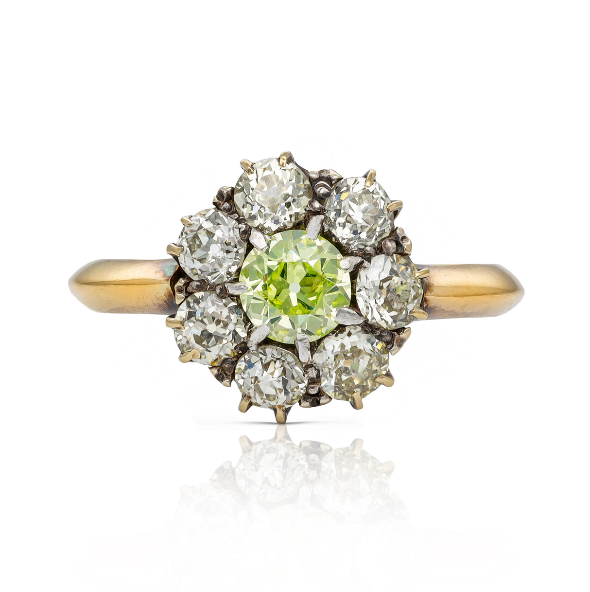 Antique green-yellow diamond cluster engagement ring, 18ct yellow gold