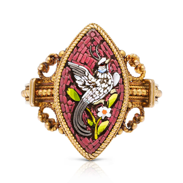 Antique-Italian-Grand-Tour-Micro-Mosaic-Bird-of-Paradise-Ring-18-ct-Yellow-Gold