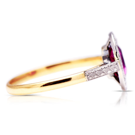 Vintage, Art Deco oval ruby and diamond cluster engagement ring, 18ct yellow gold