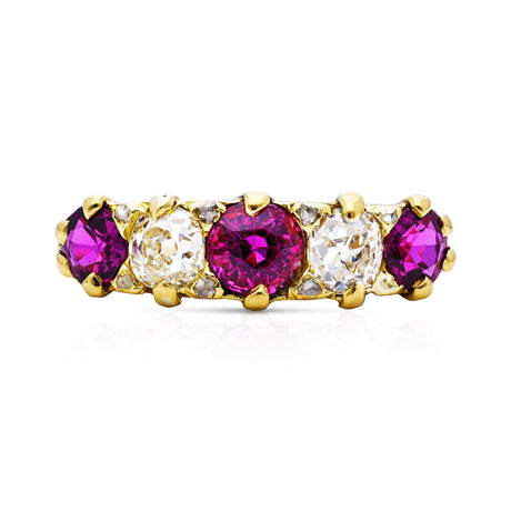 Antique, Edwardian five stone ruby and diamond ring, front view. 