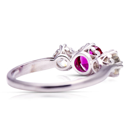 Art Deco, Ruby and Diamond Three Stone Engagement Ring, Platinum