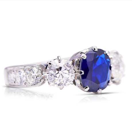 Art Deco, French, royal blue sapphire & diamond three-stone engagement ring