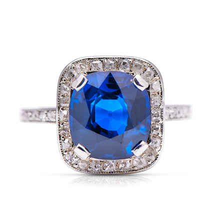 Sapphire-Diamond-Cluster-Engagement-Ring-Vintage-Art-Deco-Platinum-Royal-Blue