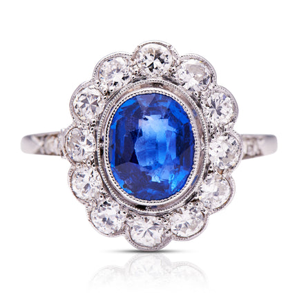 Ceylon-Sapphire-Diamond-Cluster-Art-Deco-Platinum-Antique-Ring-Vintage