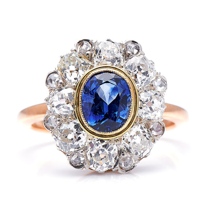Antique, French, Edwardian, 18ct Gold, Sapphire and Diamond Cluster Ring