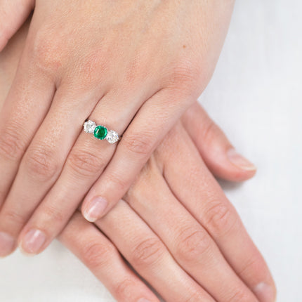 Art Deco, Platinum, Emerald and Diamond Three Stone Ring