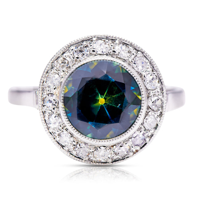 green yellow sapphire and diamond cluster ring, front view. 