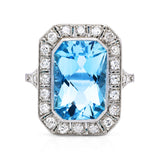 Art Deco aquamarine and diamond cluster ring, front view. 