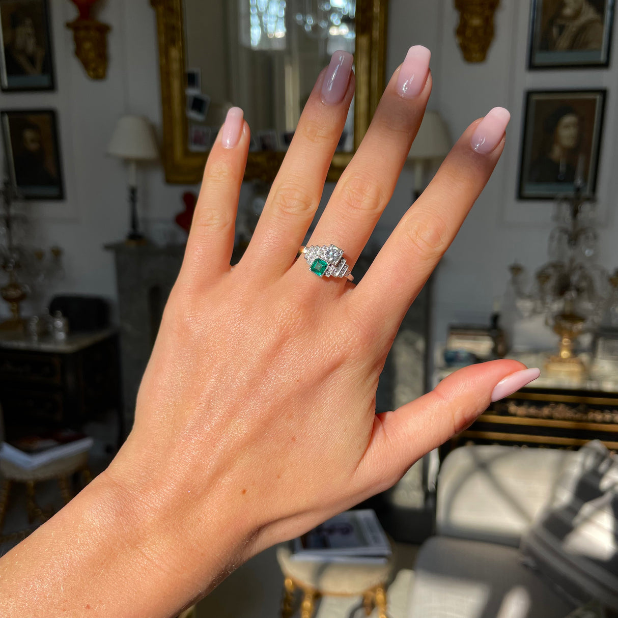 Art Deco, German, Platinum, Emerald and Diamond Ring