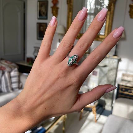 Antique Emerald |  Art Deco Emerald and Diamond Ring, Platinum