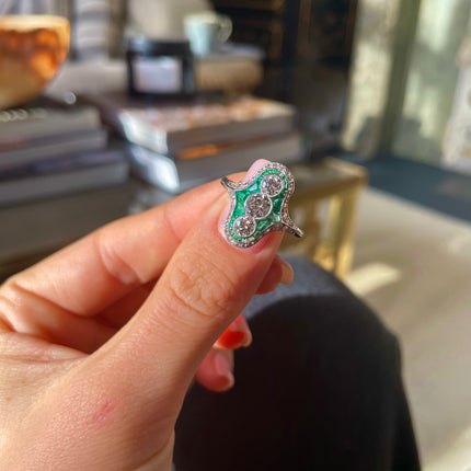 Antique Emerald |  Art Deco Emerald and Diamond Ring, Platinum