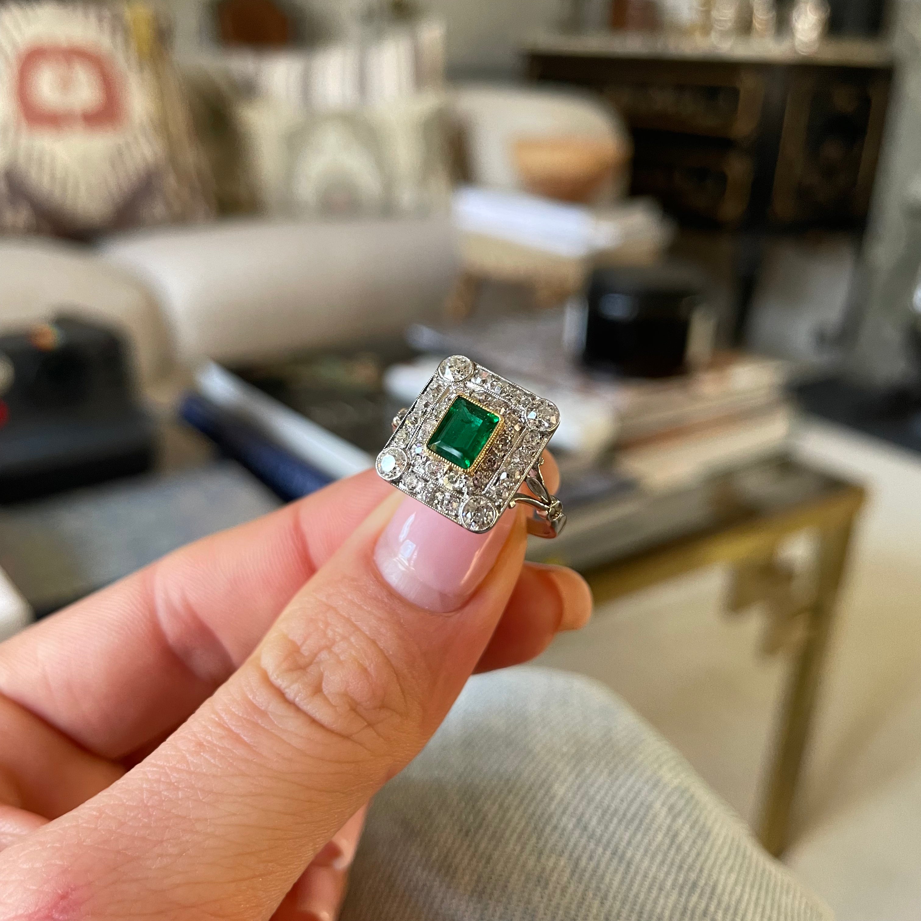 Antique, Art Deco emerald & diamond cluster ring