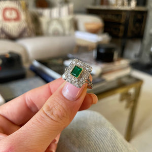 Antique, Art Deco emerald & diamond cluster ring