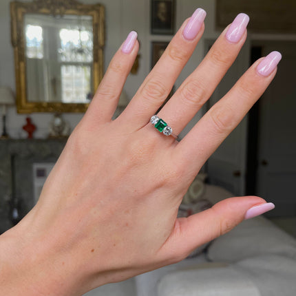 Fine Quality | Art Deco, Platinum, Emerald and Diamond Three Stone Ring