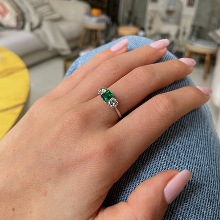 Fine Quality | Art Deco, Platinum, Emerald and Diamond Three Stone Ring
