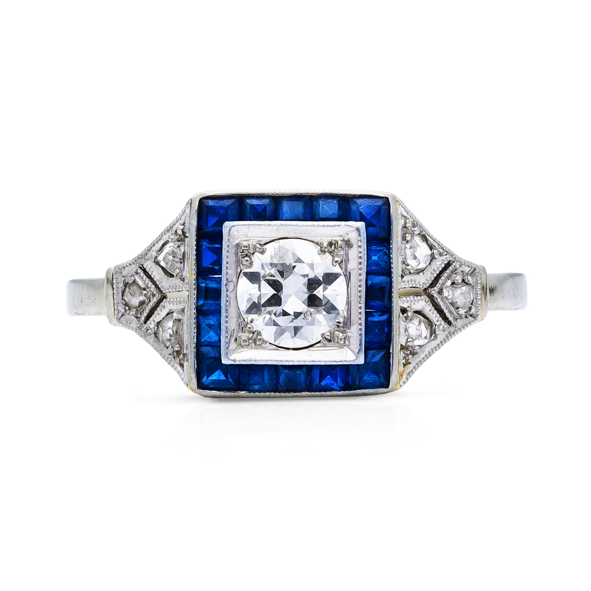 Vintage sapphire and diamond engagement ring, front view.