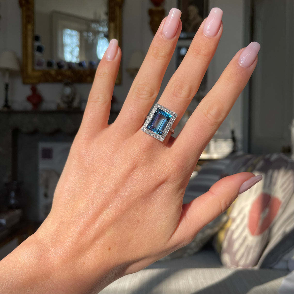 Exceptional Art Deco Aquamarine and Diamond Ring, Platinum