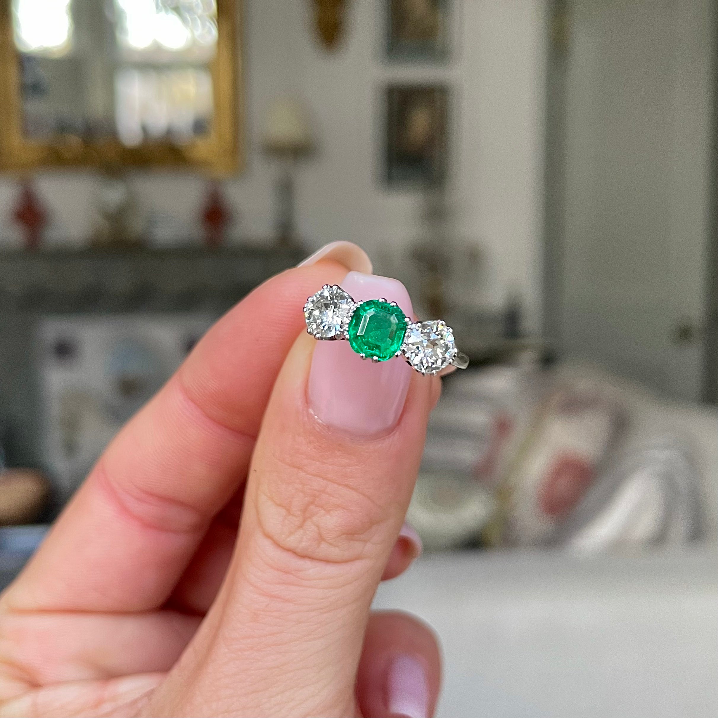 Antique, Art Deco emerald & diamond three-stone ring