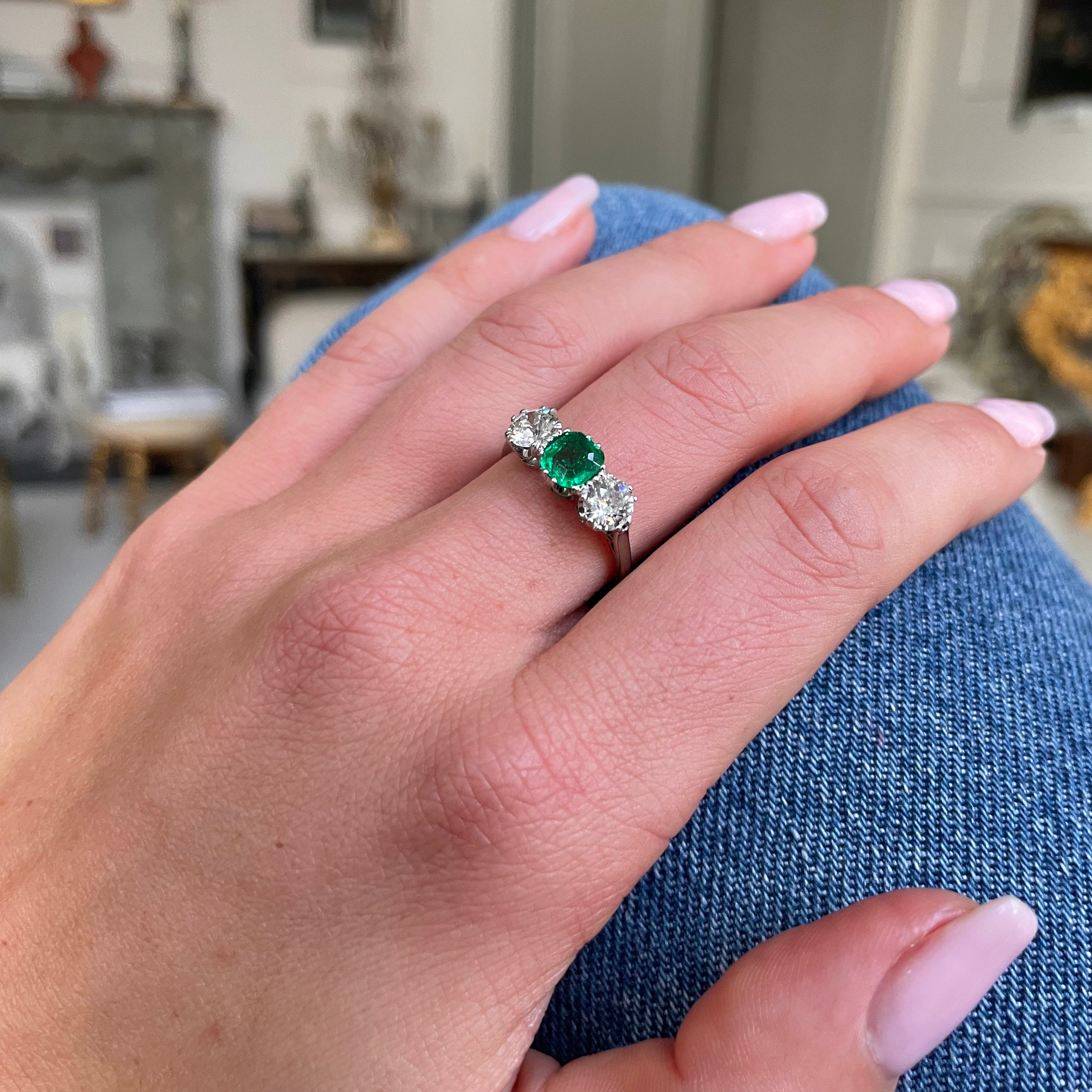 Antique, Art Deco emerald & diamond three-stone ring