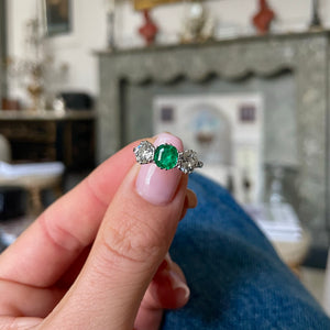 Antique, Art Deco emerald & diamond three-stone ring