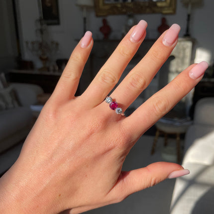 Art Deco, Ruby and Diamond Three Stone Engagement Ring, Platinum