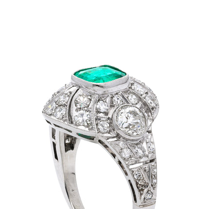Art Deco Colombian Emerald and Diamond Ring, Platinum