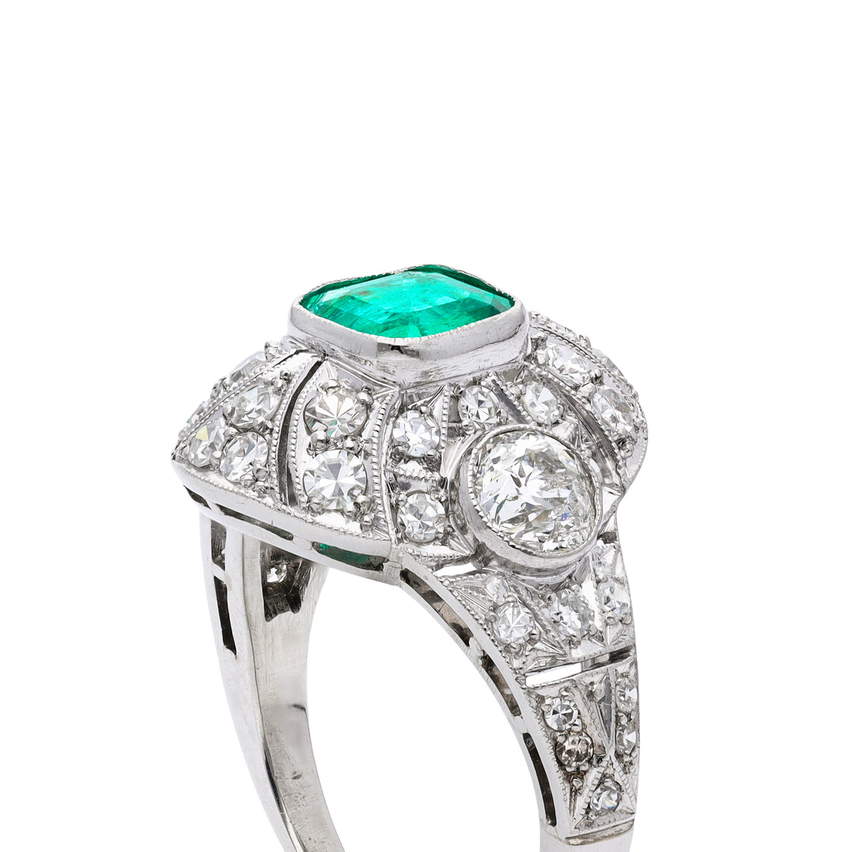 Art Deco Colombian Emerald and Diamond Ring, Platinum