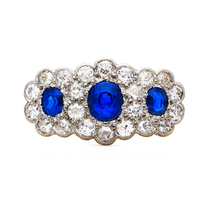 Antique-Sapphire-Diamond-Triple-Daisy-Cluster-Ring-18ct-Yellow-Gold