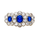 Antique sapphire and diamond triple cluster ring, front view. 