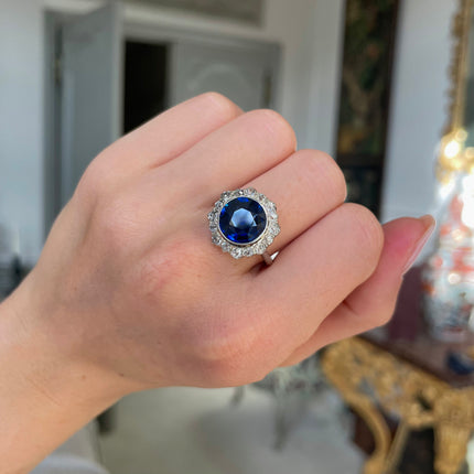 Art Deco, 18ct White Gold, Royal Blue Sapphire and Diamond Ring