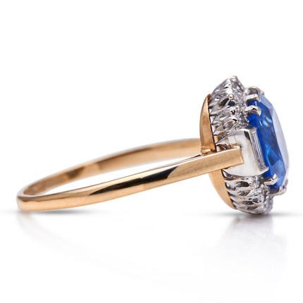 Art Deco Burmese Sapphire and Diamond Cluster Engagement Ring