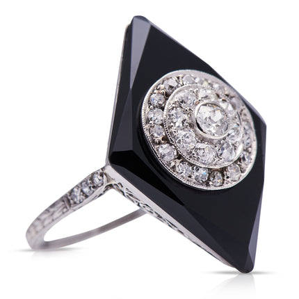 Art Deco, Platinum, Onyx and Diamond Kite-Shaped Cocktail Ring
