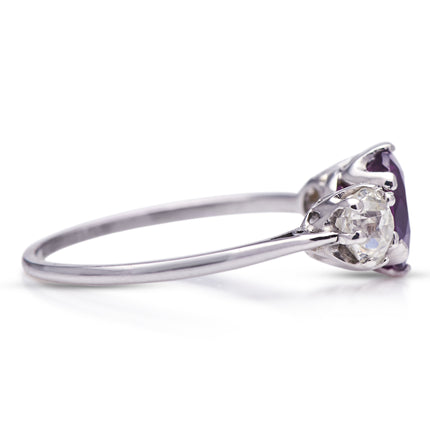 Art Deco, Purple Sapphire and Diamond Three-Stone Engagement Ring, Platinum