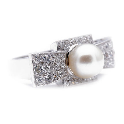 Art Deco, 1930's, 18ct White Gold, Large Pearl and Diamond Cocktail Ring