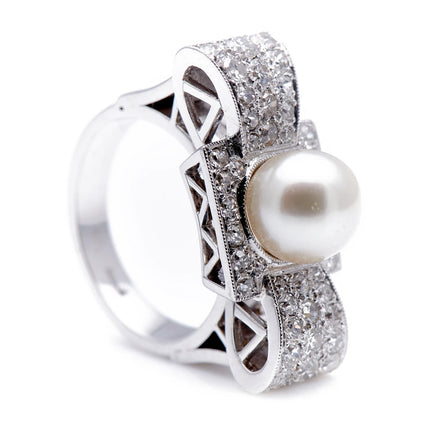 Art Deco, 1930's, 18ct White Gold, Large Pearl and Diamond Cocktail Ring