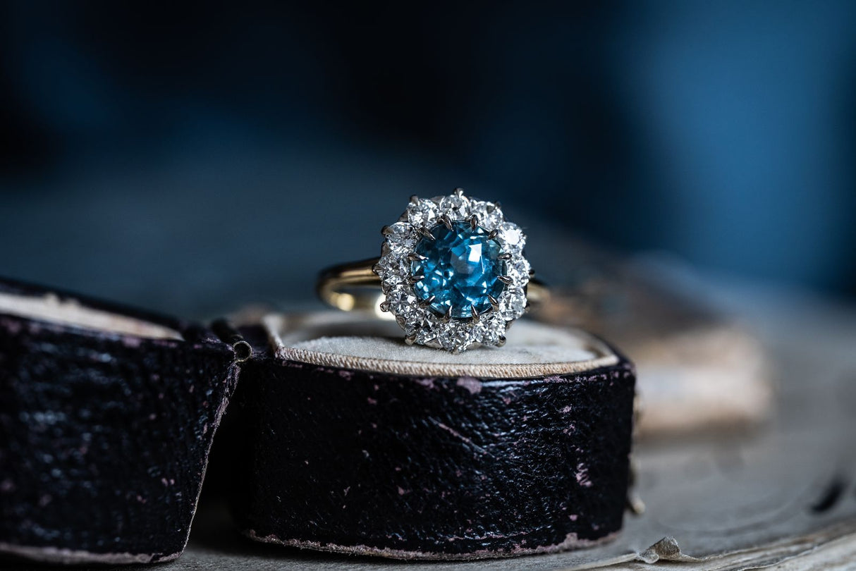 Art Deco, American, Rare Teal Sapphire and Diamond Cluster Ring