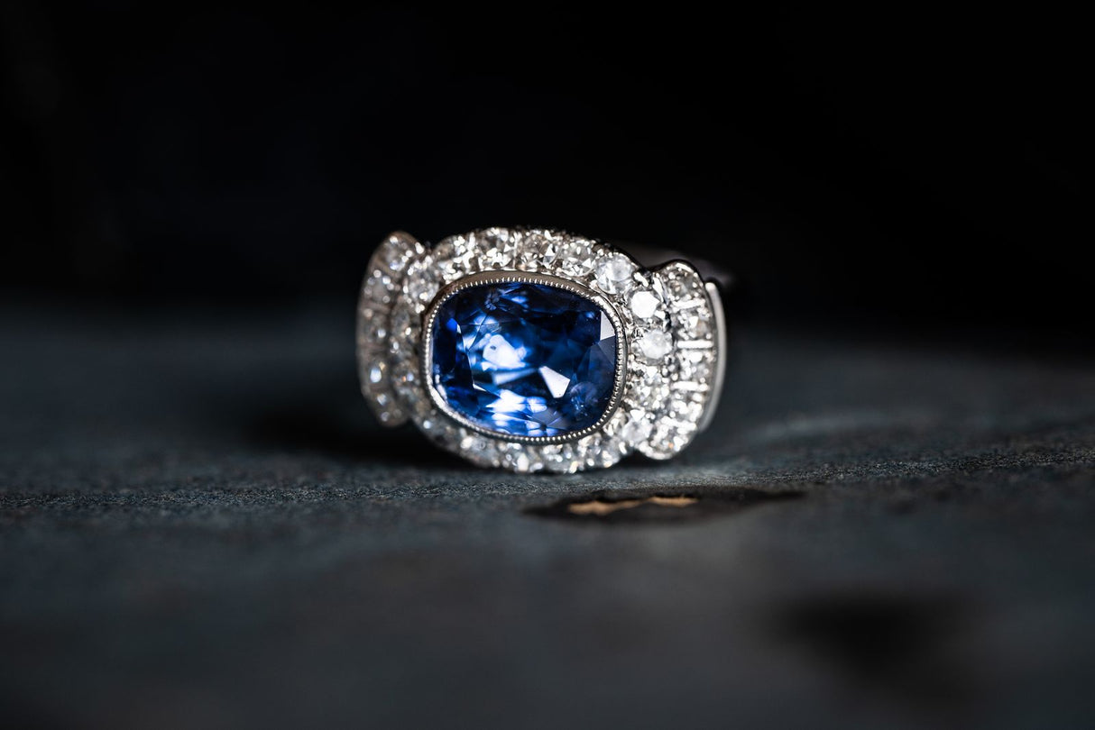 Art Deco, Austrian, 5ct Sapphire and Diamond Cluster Ring | Antique Rings | Antique Ring Boutique | Vintage Engagement Rings | Antique Engagement Rings | Antique Jewellery Company | Vintage Jewellery 
