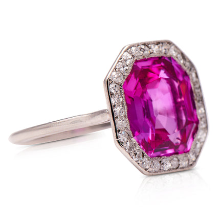 Art Deco, Platinum, 4ct Burmese Pink Sapphire and Diamond Ring