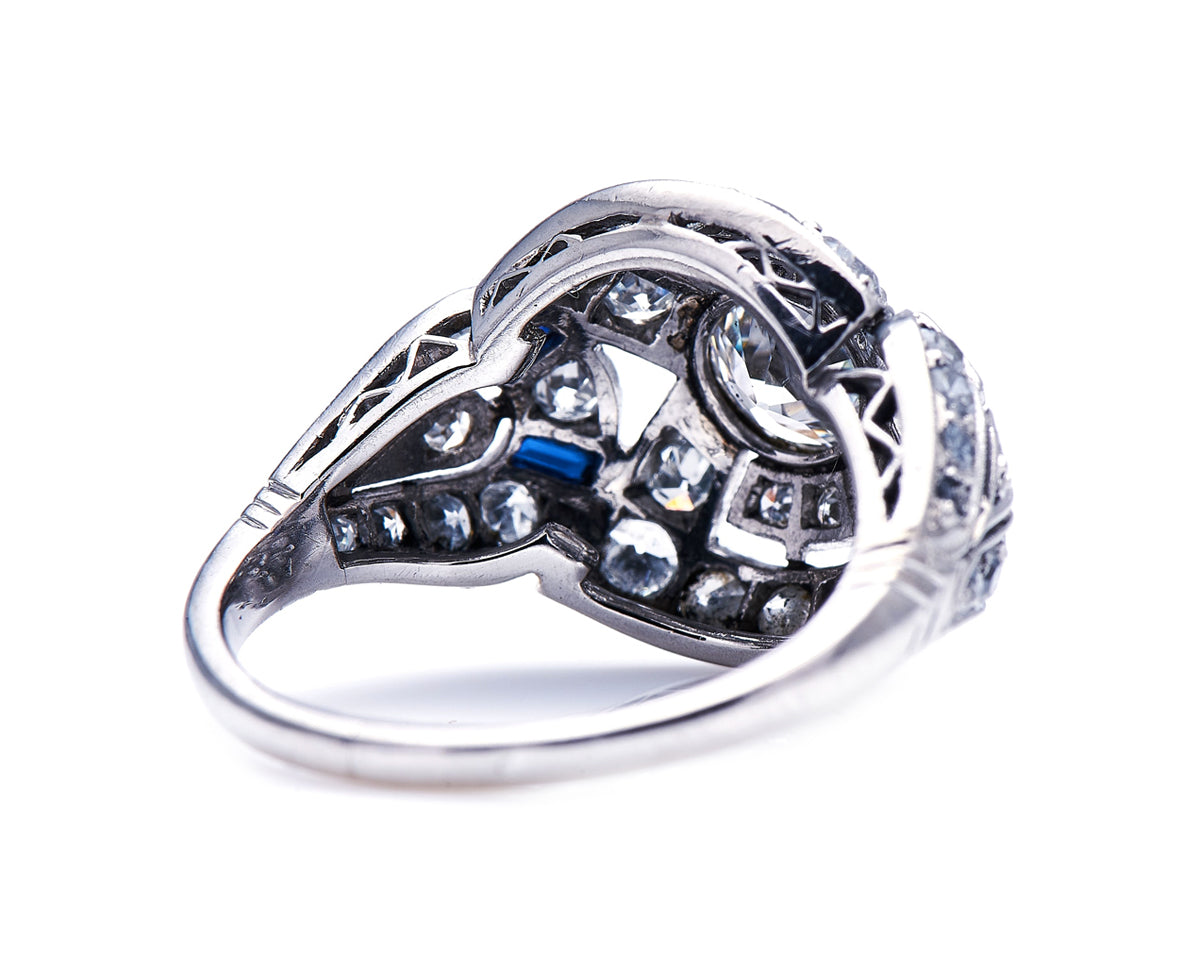 Art Deco, French, Platinum, Diamond and Sapphire Bombé Ring